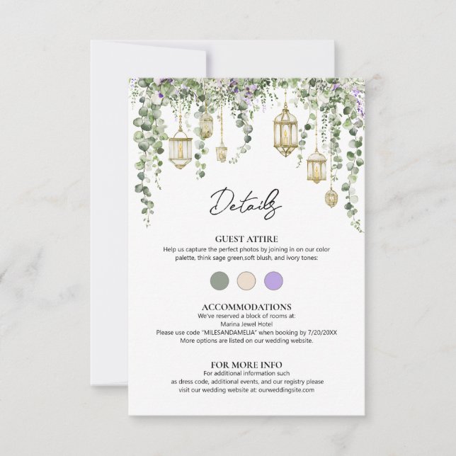 Eucalyptus and Purple Floral Wedding Details Card (Devant)