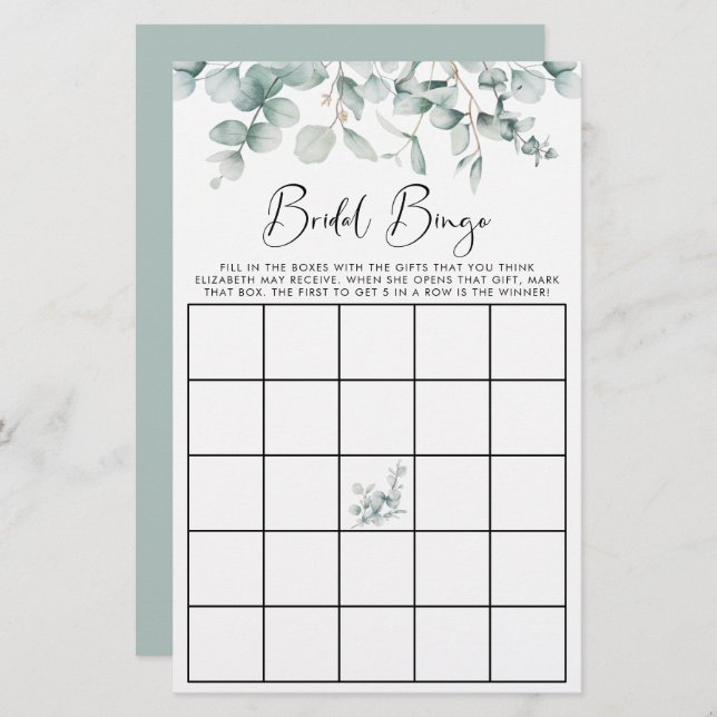Eucalyptus Aquarelle Bridal Bingo jeu de douche (Devant / Derrière)