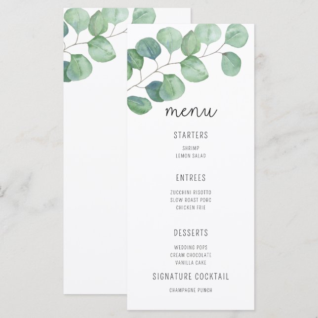 Eucalyptus aquarelle - Menu Mariage (Devant / Derrière)