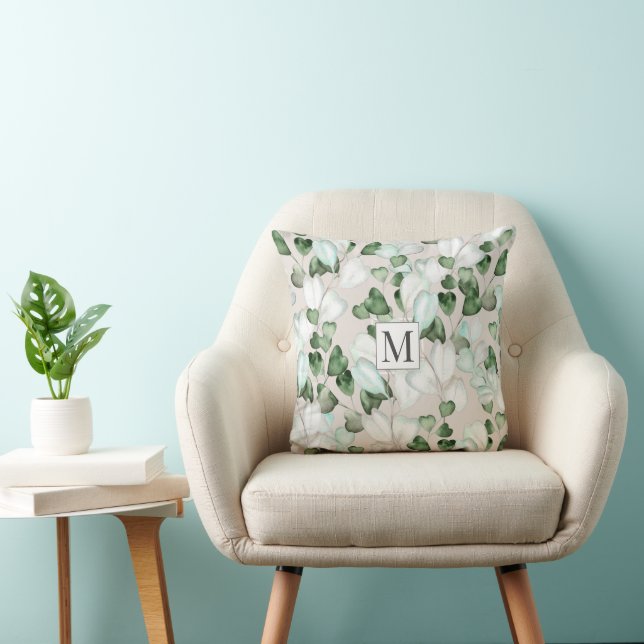 Eucalyptus argent floral Monogramme Lève oreiller (Chaise)