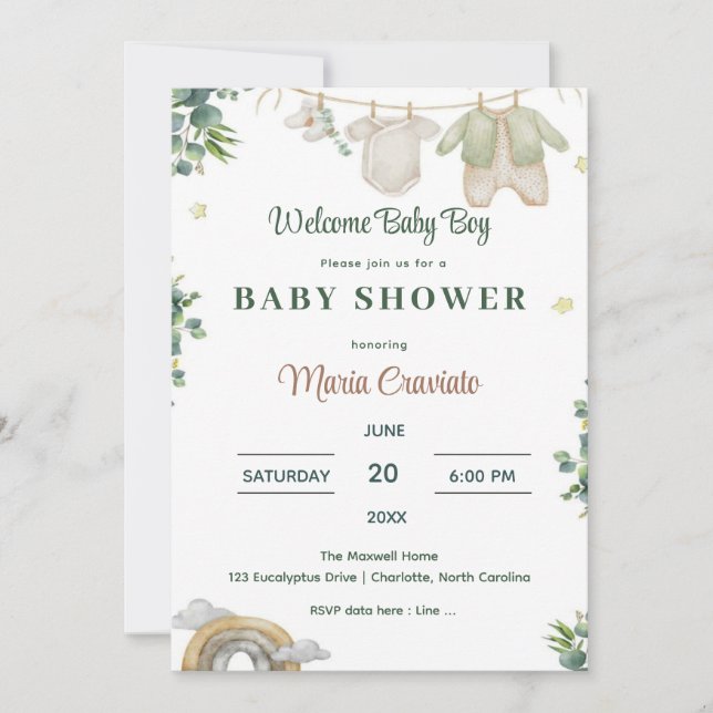 Eucalyptus Baby Boy Shower Invitation (Devant)