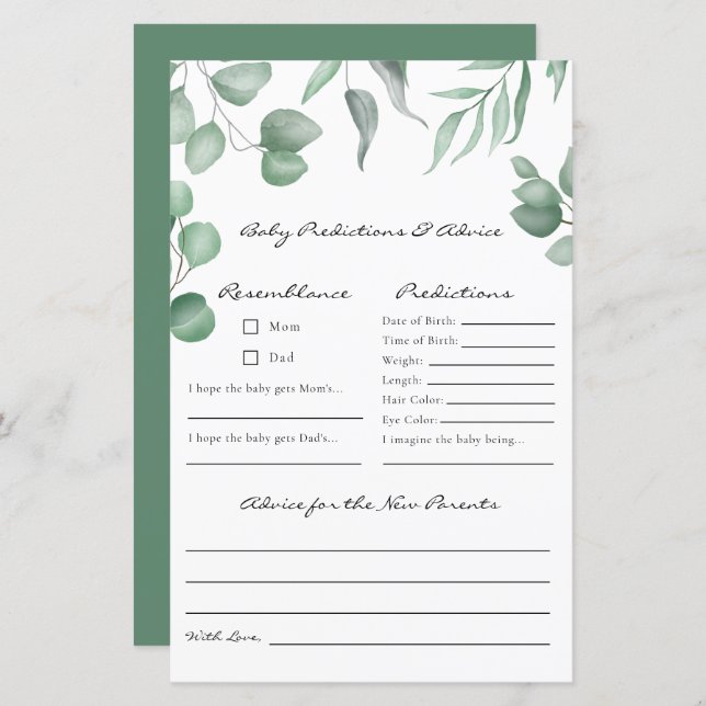 Eucalyptus Baby shower Jeu Prédictions et conseils (Devant / Derrière)