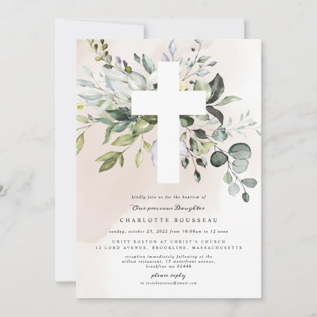 Eucalyptus Baptême Christening Girl Invitation (Devant)