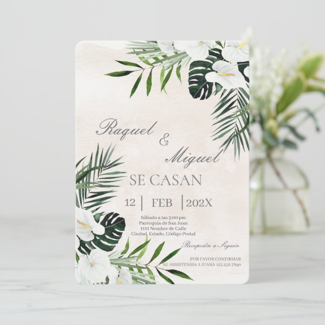 Eucalyptus beige Faire-part de mariage espagnole (Debout devant)
