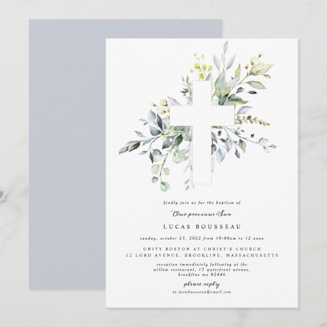 Eucalyptus Boy Baptême Christening Invitation (Devant / Derrière)