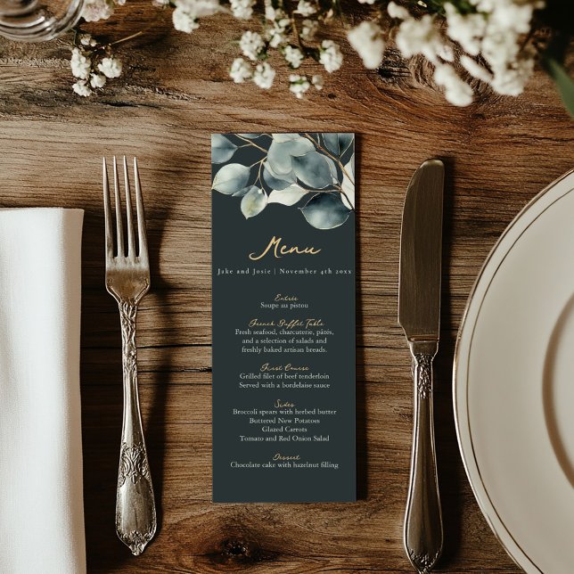 Eucalyptus branche or vert foncé menu mariage (Wedding reception dinner menu with and gold text, green background and eucalyptus leaves top frame)