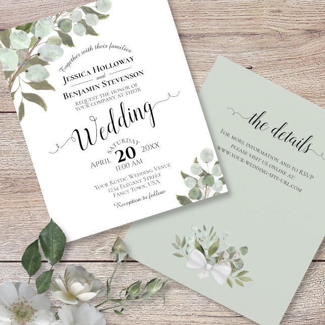 Eucalyptus BUDGET Faire-part de mariage avec détai (Front and Back)
