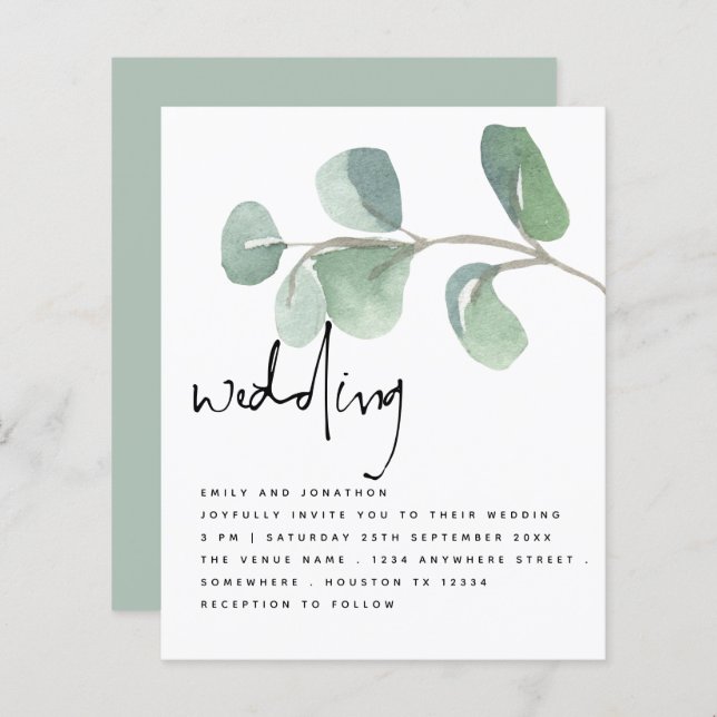 Eucalyptus BUDGET Invitation à un mariage informel (Devant / Derrière)