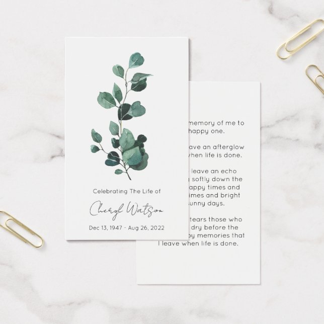 Eucalyptus | Carte de prière simple pour funéraill (Bureau)