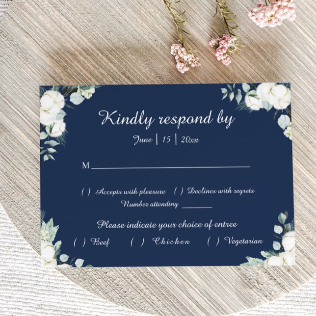 Eucalyptus Cotton | Navy Modern Wedding RSVP Card (Créateur téléchargé)