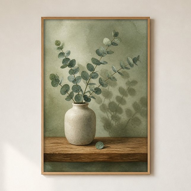 Eucalyptus dans un vase en grès Aquarelle Poster (Shown framed for scale. Poster ships unframed; frames are an optional add-on.)