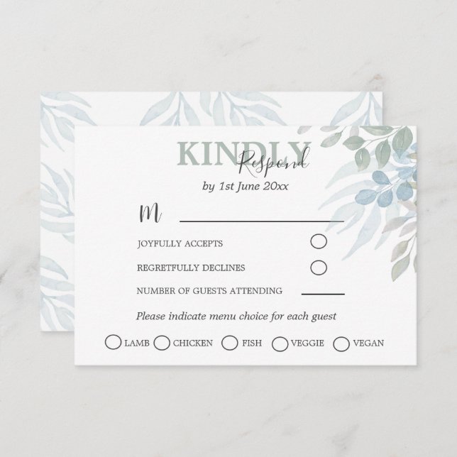Eucalyptus Dusty Blue Wedding RSVP (Devant / Derrière)