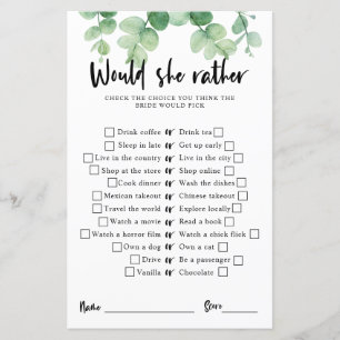 Eucalyptus et verdure : jeu de bridal shower "Préf