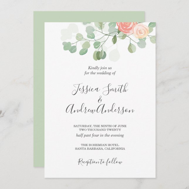 Eucalyptus Faire-part de mariage Boho vert rustiqu (Devant / Derrière)
