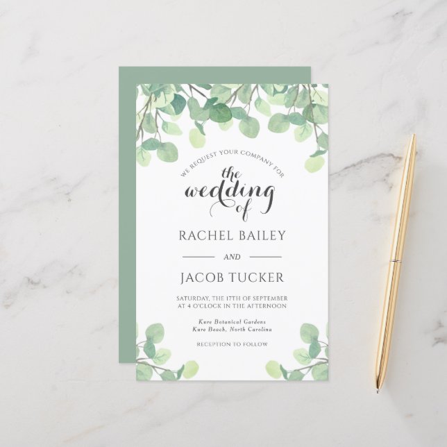 Eucalyptus Faire-part de mariage Budget Vert (Devant/Arrière en situation)