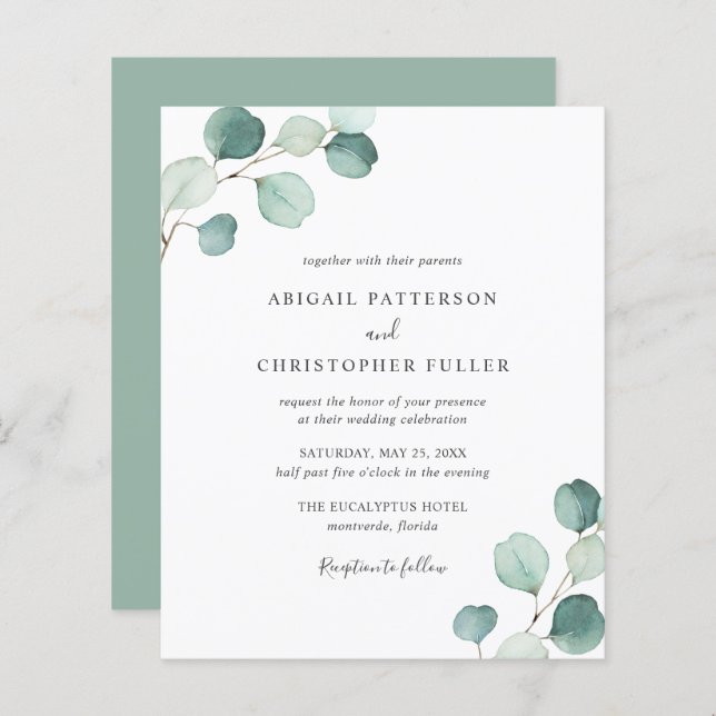Eucalyptus Faire-part de mariage Budget Vert (Devant / Derrière)