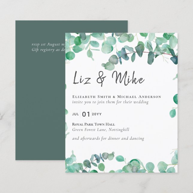 Eucalyptus Faire-part de mariage Budget Vert Feuil (Devant / Derrière)