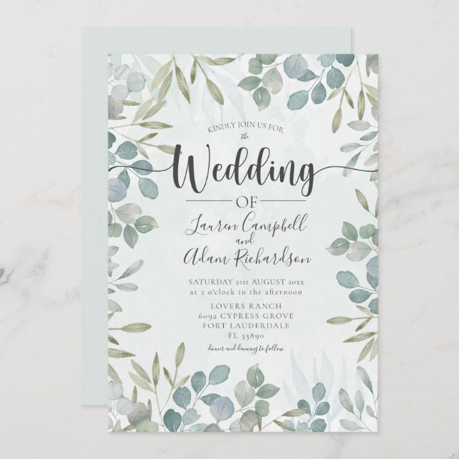 Eucalyptus Faire-part de mariage d'aquarelle verte (Devant / Derrière)