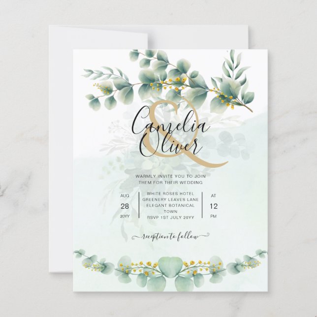 Eucalyptus Faire-part de mariage Vert moderne Or (Devant)