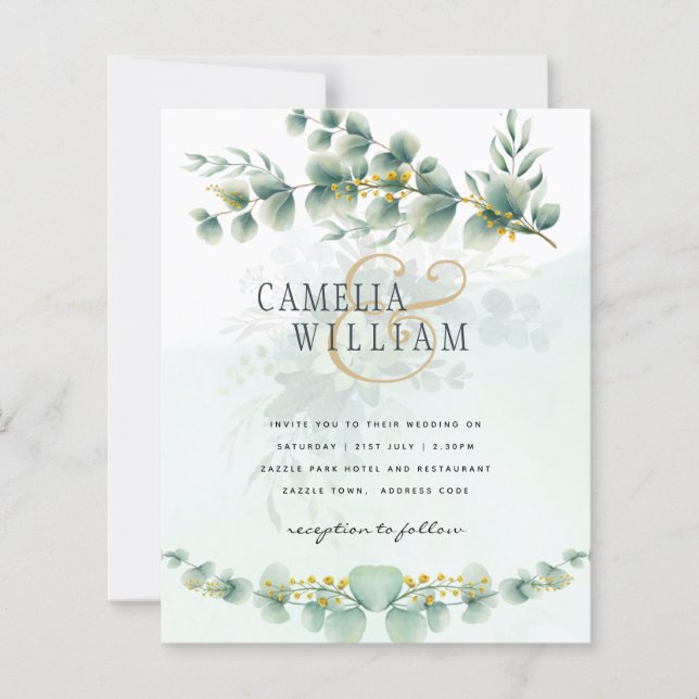 Eucalyptus Faire-part de mariage Vert moderne Or (Devant)