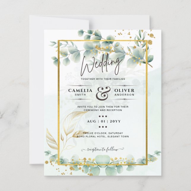 Eucalyptus Faire-part de mariage Vert moderne Or (Devant)