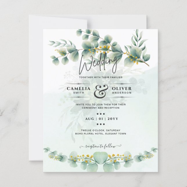 Eucalyptus Faire-part de mariage Vert moderne Or (Devant)