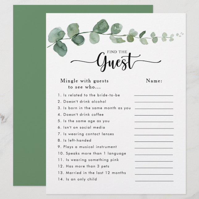 Eucalyptus Fête des mariées Trouvez le jeu d'invit (Devant / Derrière)