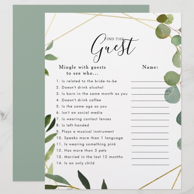 Eucalyptus Fête des mariées Trouvez le jeu d'invit (Devant / Derrière)