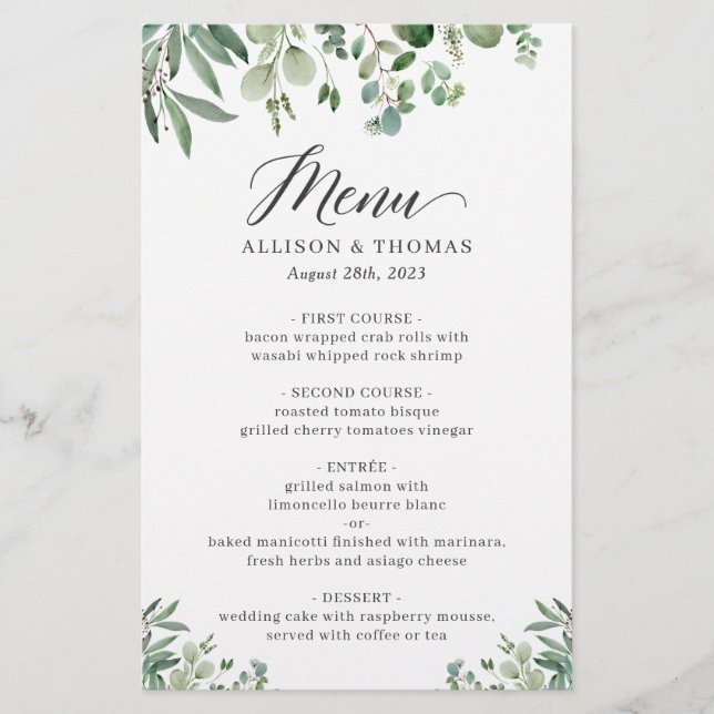 Eucalyptus Feuille Diner Menu Mariage (Devant)