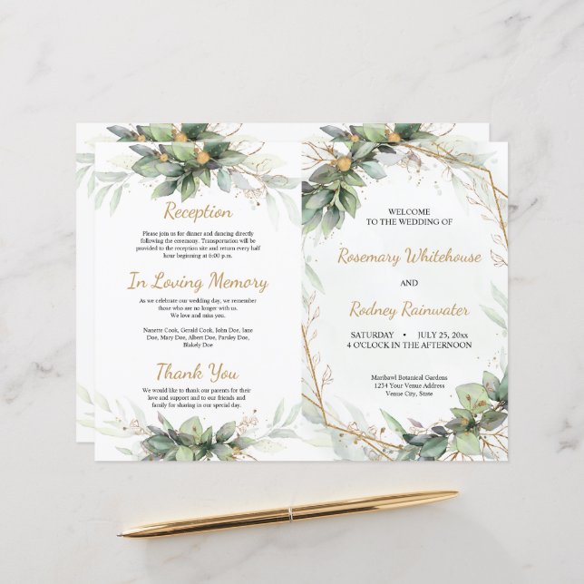 Eucalyptus Feuille Golden Greenery Wedding Program (Devant/Arrière en situation)