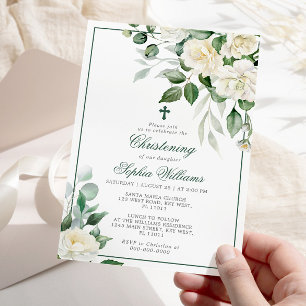 Eucalyptus Fleurs blanches Christening Invitation