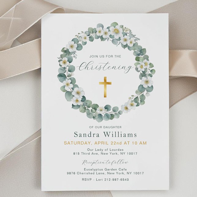 Eucalyptus Floral Wreath Christening Invitation (Eucalyptus Floral Wreath Baptism Invite)