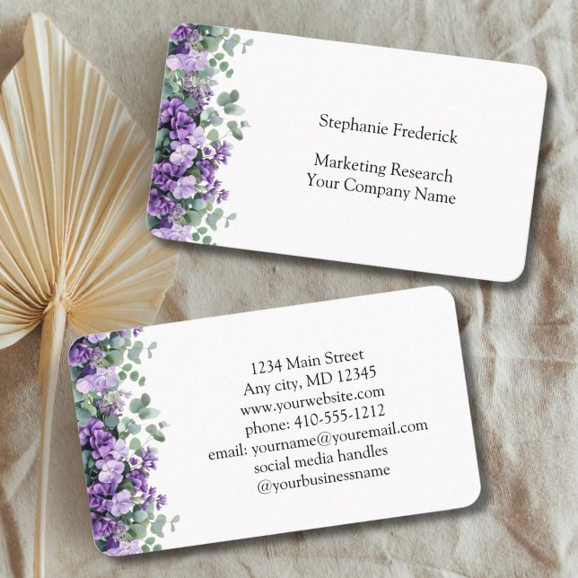 Éucalyptus floraux pourpres Carte de visite fémini (Purple Eucalyptus Floral Business card for her. Hairstylist, Florist, Event Planner, Nail Salon)