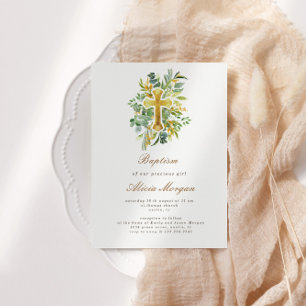 Eucalyptus Foliage Gold Cross Baptême Invitation
