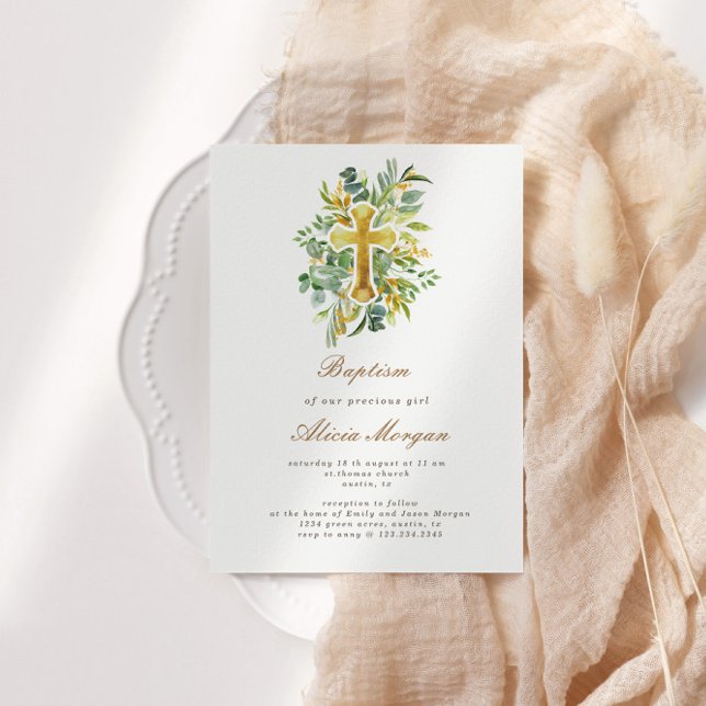 Eucalyptus Foliage Gold Cross Baptême Invitation (Créateur téléchargé)