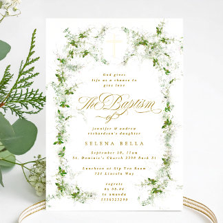 Eucalyptus Frame Gold Cross Baptism Invitation Foi
