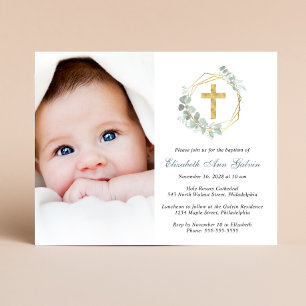 Eucalyptus Gold Cross Photo Baptême Invitation