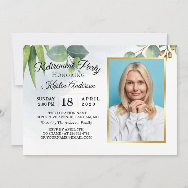 Eucalyptus Gold Photo Retraite Party Invitation (Devant)