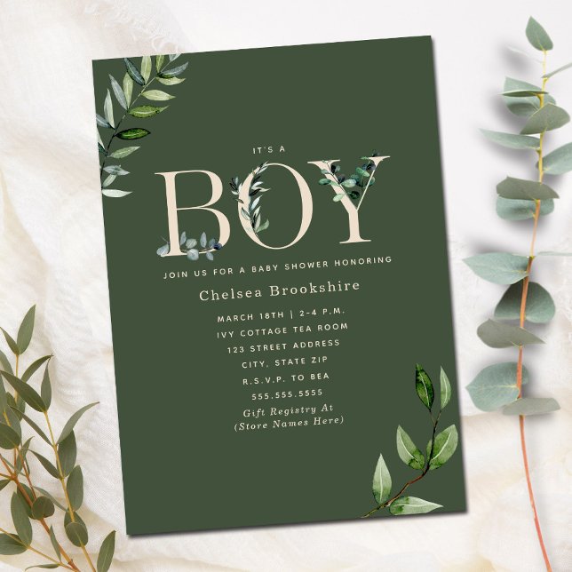 Eucalyptus Green Beige Boy Baby shower Invitation (Créateur téléchargé)