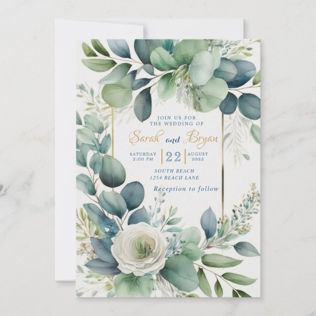 Eucalyptus Green Gold Floral Faire-part de mariage (Devant)