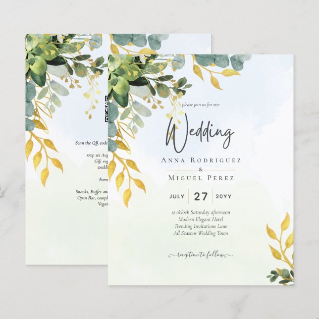 Eucalyptus Green Gold Wedding Inviter la verdure (Devant / Derrière)