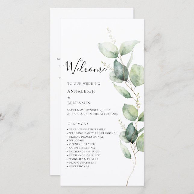 Eucalyptus Green Programme de mariage minimaliste (Devant / Derrière)
