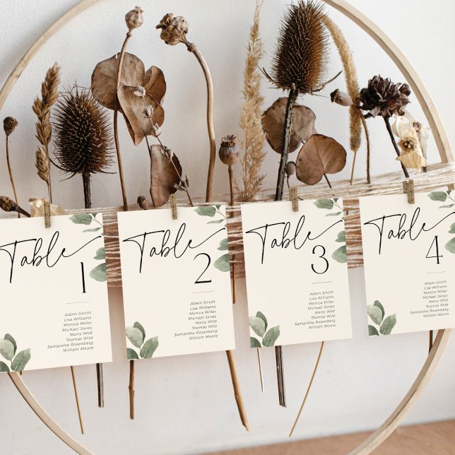 Eucalyptus Green Sage Green Numéro de table Nom (Eucalyptus Greenery table numbers and seating chart cards)