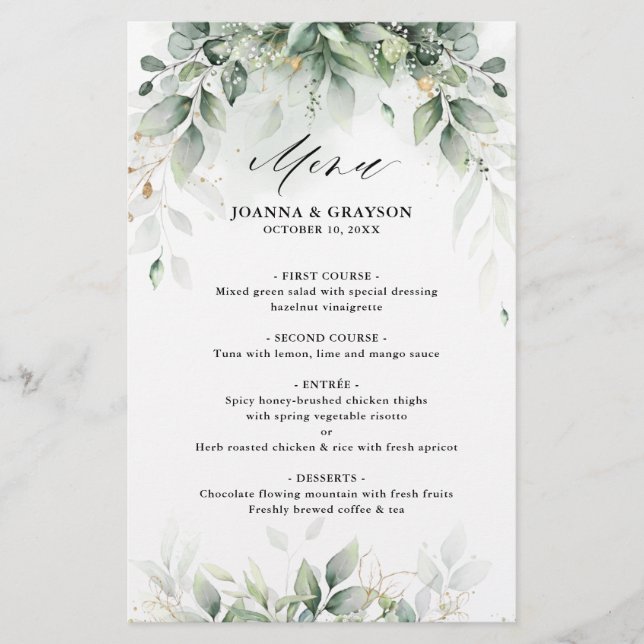 Eucalyptus Greenery Gum Botanical Mariage Menu (Devant)