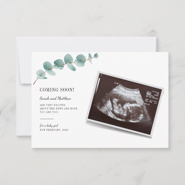 Eucalyptus Grossesse Faire-part Fille Bébé Révélat (Devant)