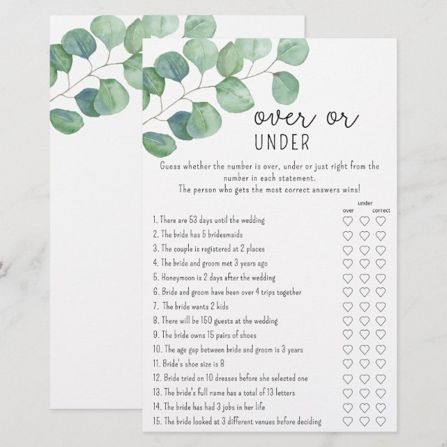 Eucalyptus - Jeu de baby shower : Plus ou Moins (Devant / Derrière)