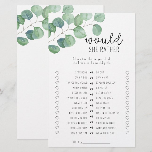 Eucalyptus - Jeu de baby shower pour elle (Devant / Derrière)