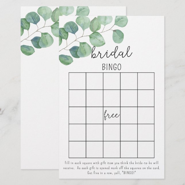 Eucalyptus - jeu de bingo de douche nuptiale (Devant / Derrière)