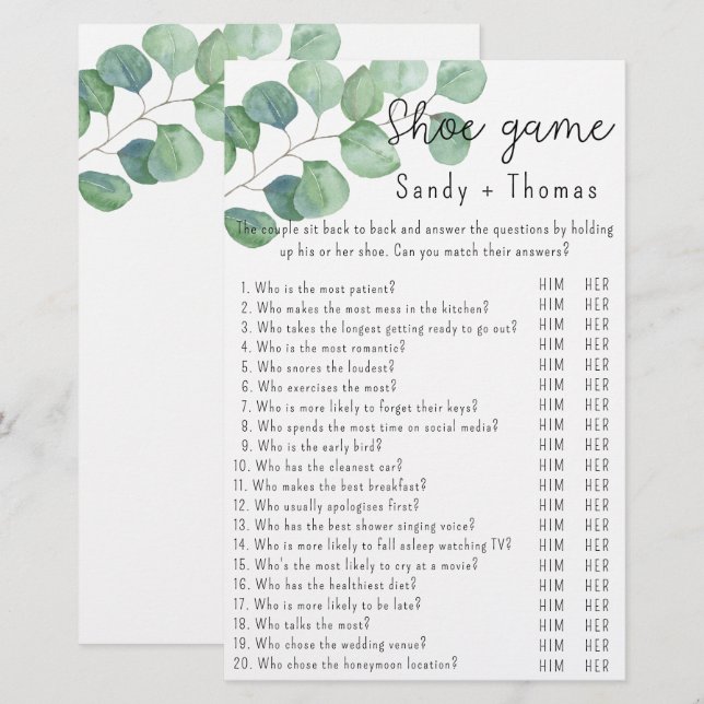Eucalyptus - Jeu de chaussures jeu de baby shower (Devant / Derrière)