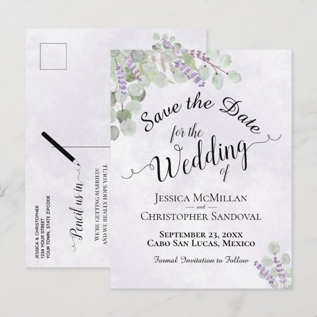 Eucalyptus & Lavande Faire-Part de Mariage Violet (Devant / Derrière)